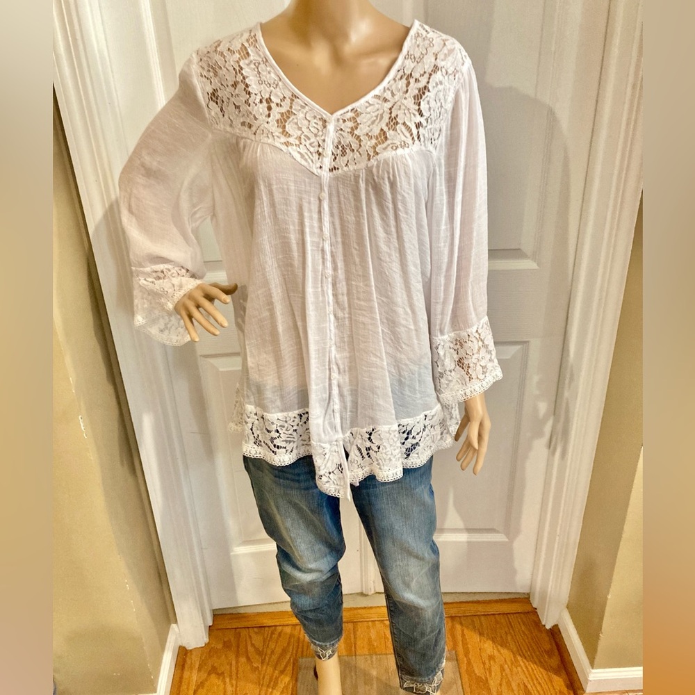Zac & Rachel Semi-Sheer Lace Trimmed Blouse